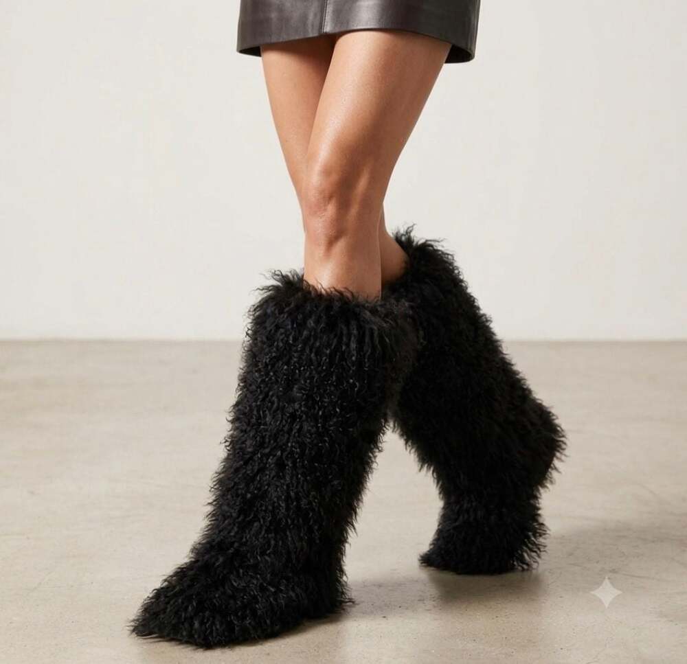 Women's Black sheep Fur Shaggy Knee-High Boots